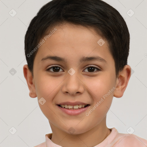 Joyful white child female with short  brown hair and brown eyes