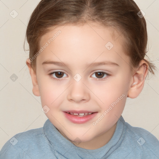 Joyful white child female with short  brown hair and brown eyes