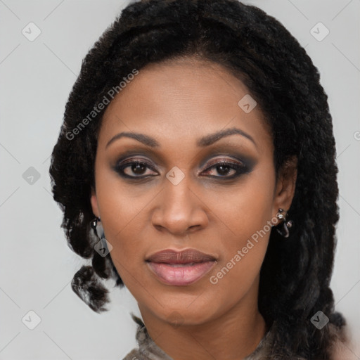 Joyful black young-adult female with medium  brown hair and brown eyes