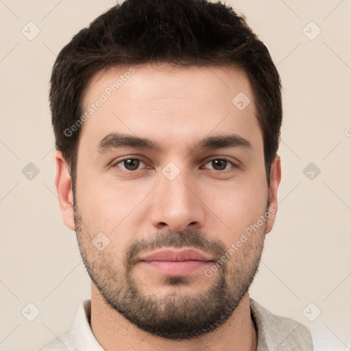 Neutral white young-adult male with short  brown hair and brown eyes