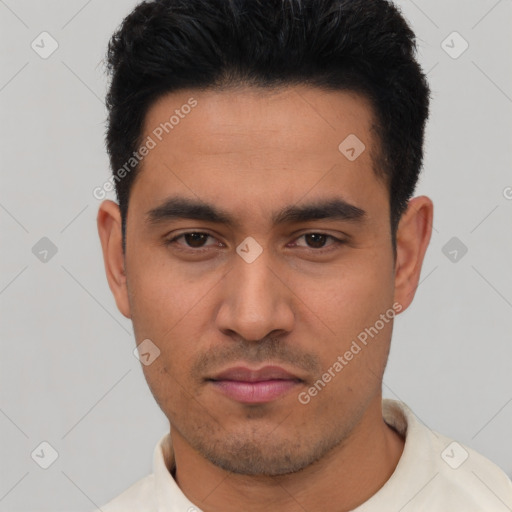 Neutral asian young-adult male with short  black hair and brown eyes