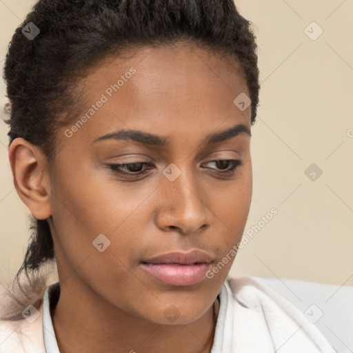 Neutral white young-adult female with short  brown hair and brown eyes