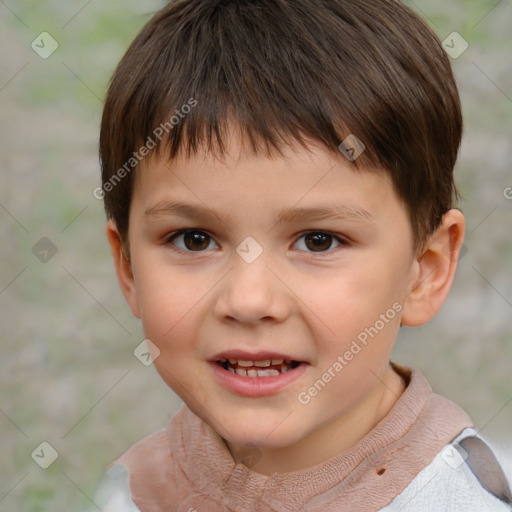 Joyful white child male with short  brown hair and brown eyes