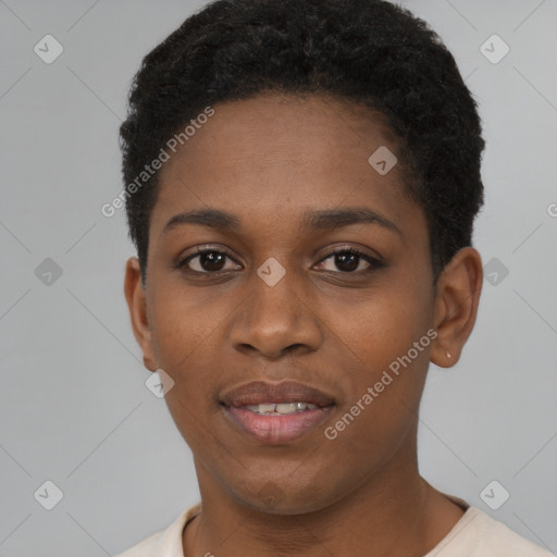 Joyful black young-adult female with short  black hair and brown eyes