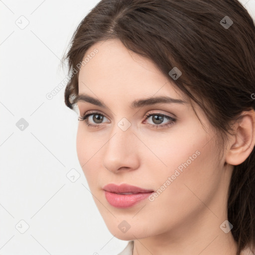 Neutral white young-adult female with medium  brown hair and brown eyes