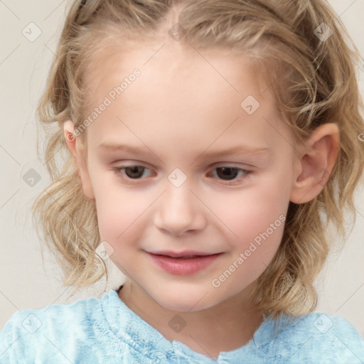 Joyful white child female with medium  brown hair and grey eyes