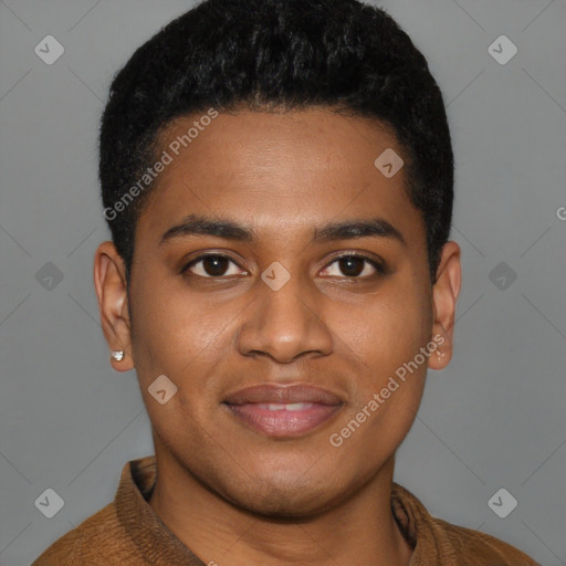 Joyful black young-adult male with short  black hair and brown eyes