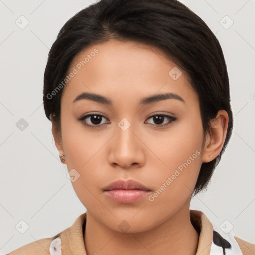 Neutral latino young-adult female with medium  brown hair and brown eyes