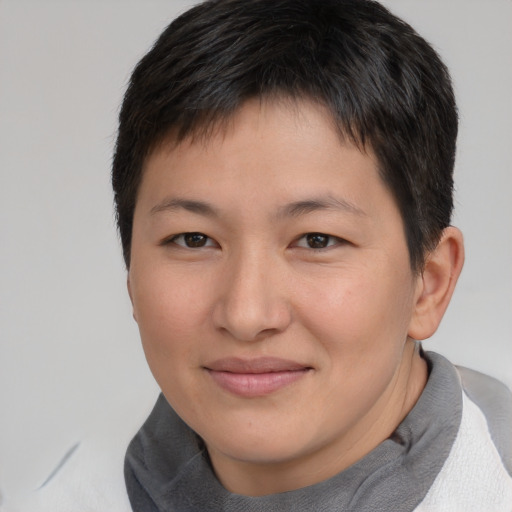 Joyful asian young-adult female with short  brown hair and brown eyes