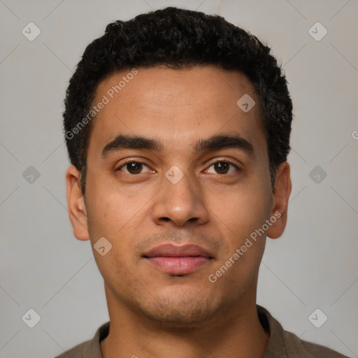 Neutral latino young-adult male with short  black hair and brown eyes