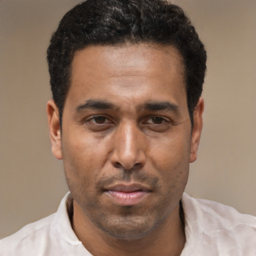 Neutral latino adult male with short  black hair and brown eyes