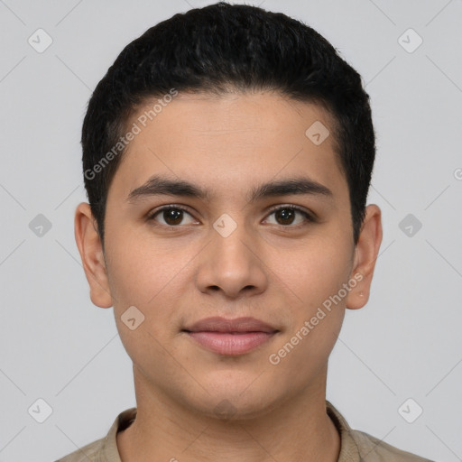 Joyful latino young-adult male with short  black hair and brown eyes