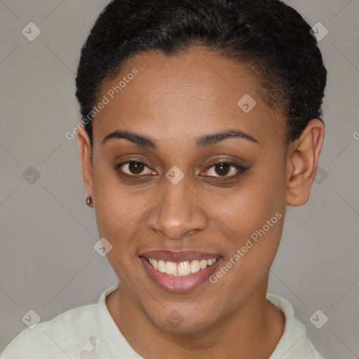 Joyful latino young-adult female with short  brown hair and brown eyes