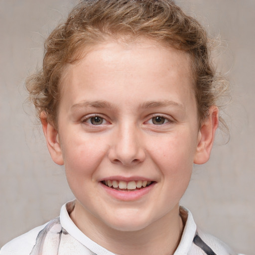 Joyful white child female with medium  brown hair and blue eyes