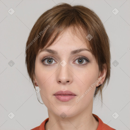 Neutral white young-adult female with medium  brown hair and grey eyes