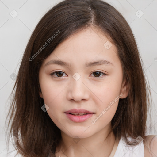 Joyful white child female with medium  brown hair and brown eyes