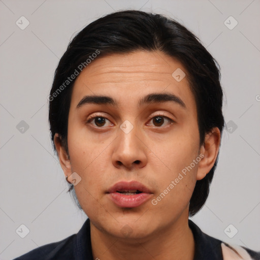 Neutral asian young-adult female with medium  black hair and brown eyes