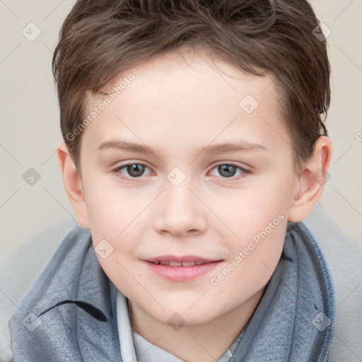 Joyful white child female with short  brown hair and grey eyes