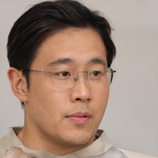 Neutral asian adult male with short  brown hair and brown eyes