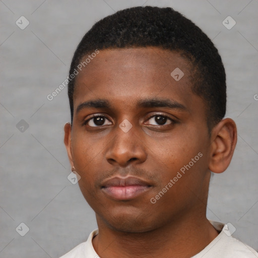 Neutral black young-adult male with short  black hair and brown eyes