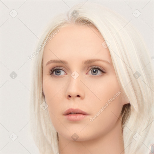 Neutral white young-adult female with long  brown hair and blue eyes