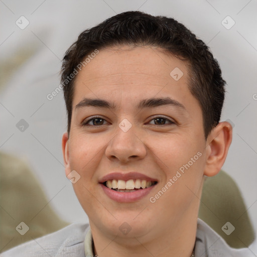 Joyful latino young-adult female with short  brown hair and brown eyes