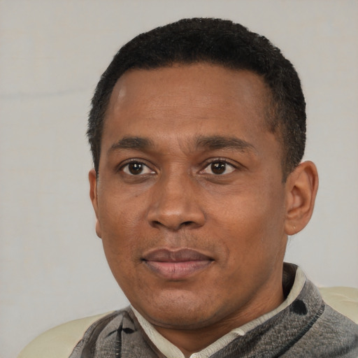 Neutral latino adult male with short  black hair and brown eyes