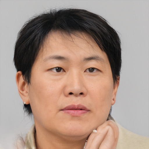 Neutral asian adult male with short  brown hair and brown eyes