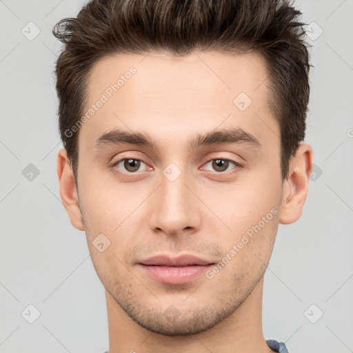 Neutral white young-adult male with short  brown hair and brown eyes