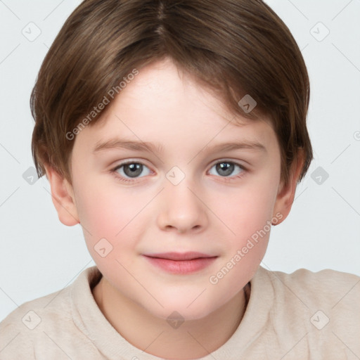 Joyful white child female with short  brown hair and brown eyes