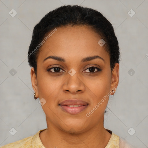 Joyful latino young-adult female with short  black hair and brown eyes
