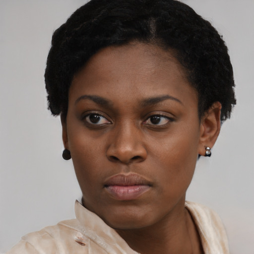 Neutral black young-adult female with short  black hair and brown eyes