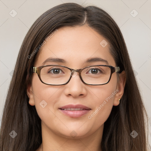 Joyful white young-adult female with long  brown hair and grey eyes