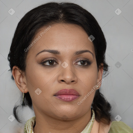 Joyful latino young-adult female with medium  brown hair and brown eyes