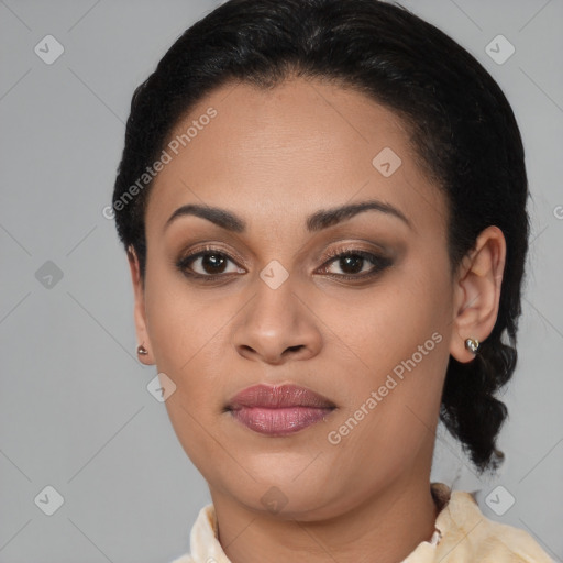 Joyful latino young-adult female with medium  brown hair and brown eyes