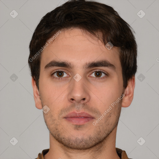 Neutral white young-adult male with short  brown hair and brown eyes