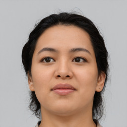 Neutral asian young-adult female with medium  brown hair and brown eyes