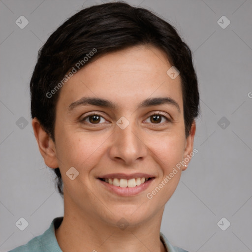 Joyful white young-adult female with short  brown hair and brown eyes