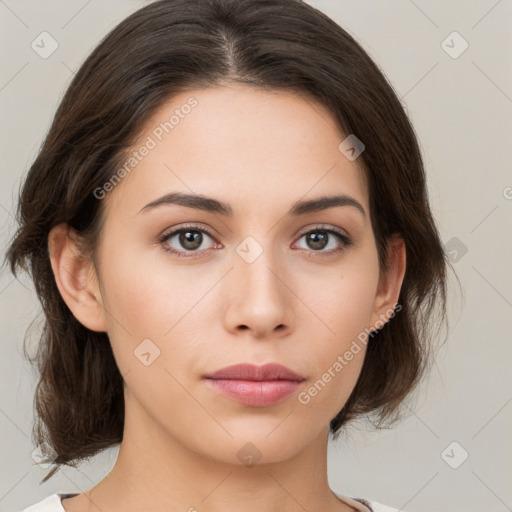 Neutral white young-adult female with medium  brown hair and brown eyes