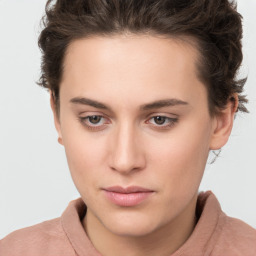 Neutral white young-adult female with short  brown hair and brown eyes