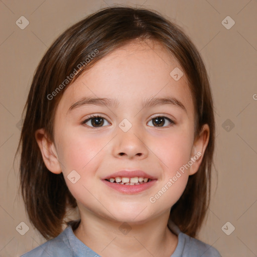 Joyful white child female with medium  brown hair and brown eyes