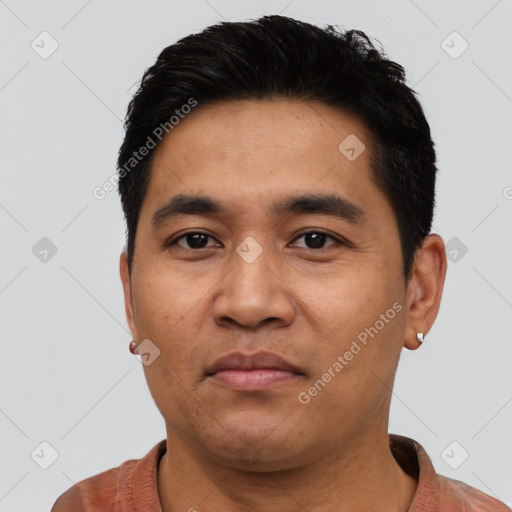 Neutral asian young-adult male with short  black hair and brown eyes