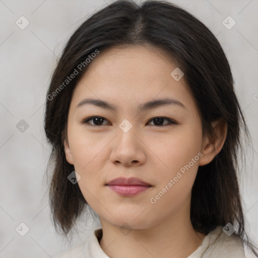 Neutral asian young-adult female with medium  brown hair and brown eyes