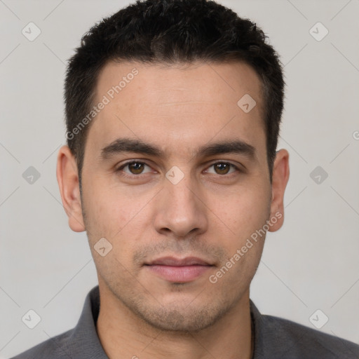 Neutral white young-adult male with short  brown hair and brown eyes