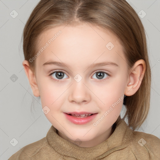 Joyful white child female with medium  brown hair and brown eyes