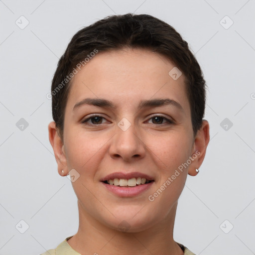 Joyful white young-adult female with short  brown hair and brown eyes