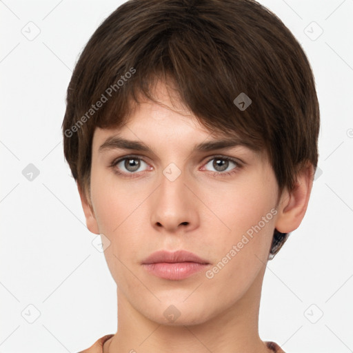 Neutral white young-adult female with short  brown hair and brown eyes