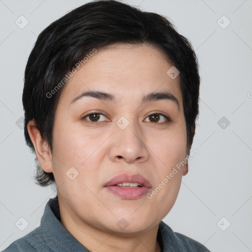 Joyful white young-adult female with short  brown hair and brown eyes