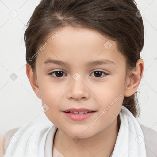 Joyful white child female with short  brown hair and brown eyes