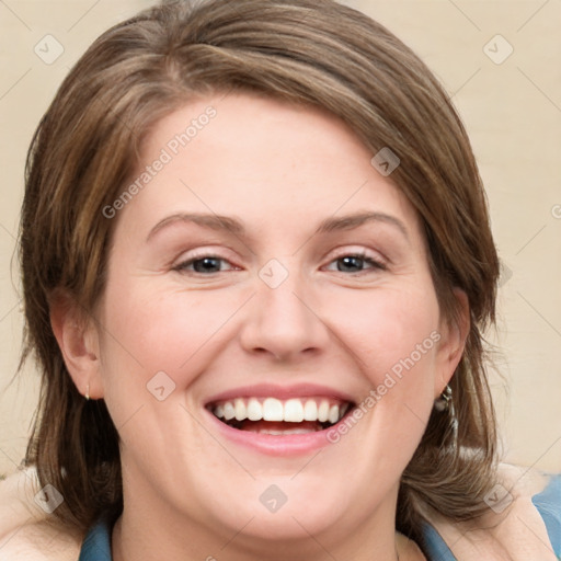 Joyful white young-adult female with medium  brown hair and green eyes